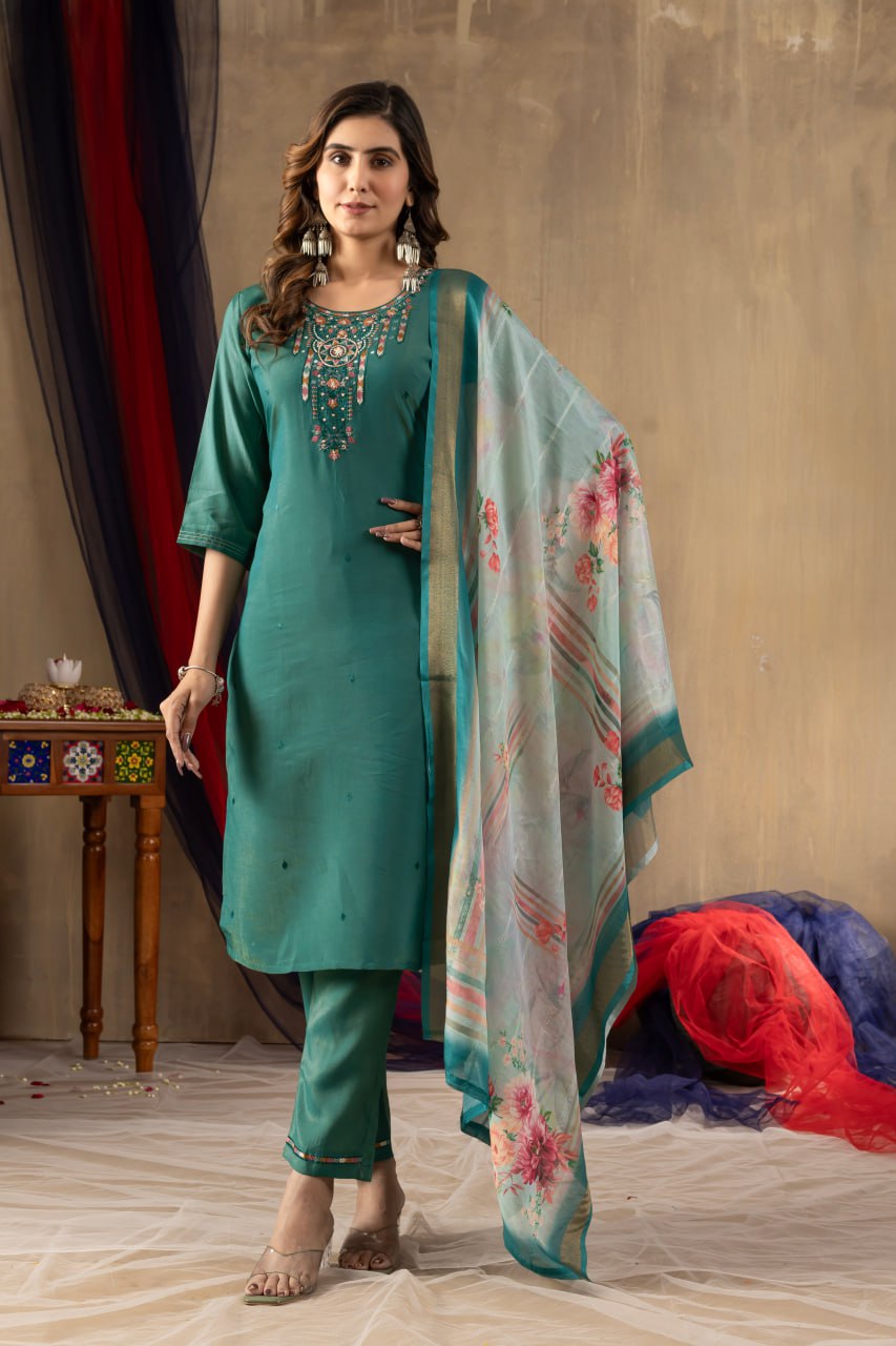 Pramukh Fab Teal Green Shimmer Gold Silk Color Kurta Set - Distacart