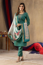 Pramukh Fab Teal Green Shimmer Gold Silk Color Kurta Set - Distacart
