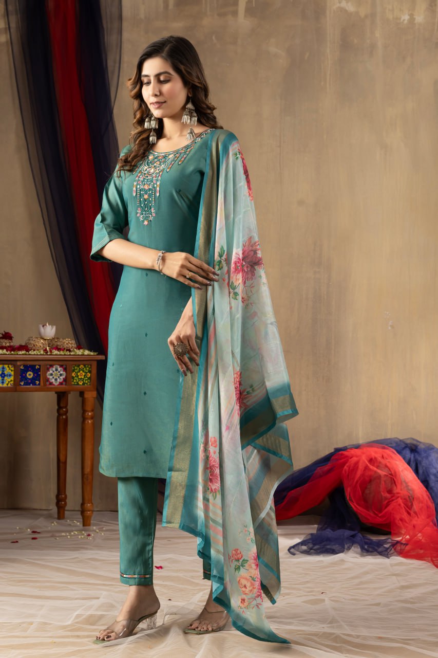 Pramukh Fab Teal Green Shimmer Gold Silk Color Kurta Set - Distacart