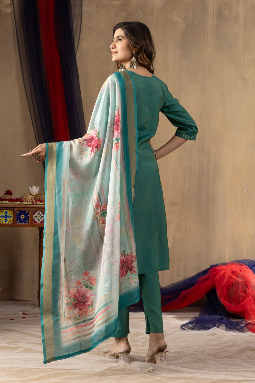 Pramukh Fab Teal Green Shimmer Gold Silk Color Kurta Set - Distacart