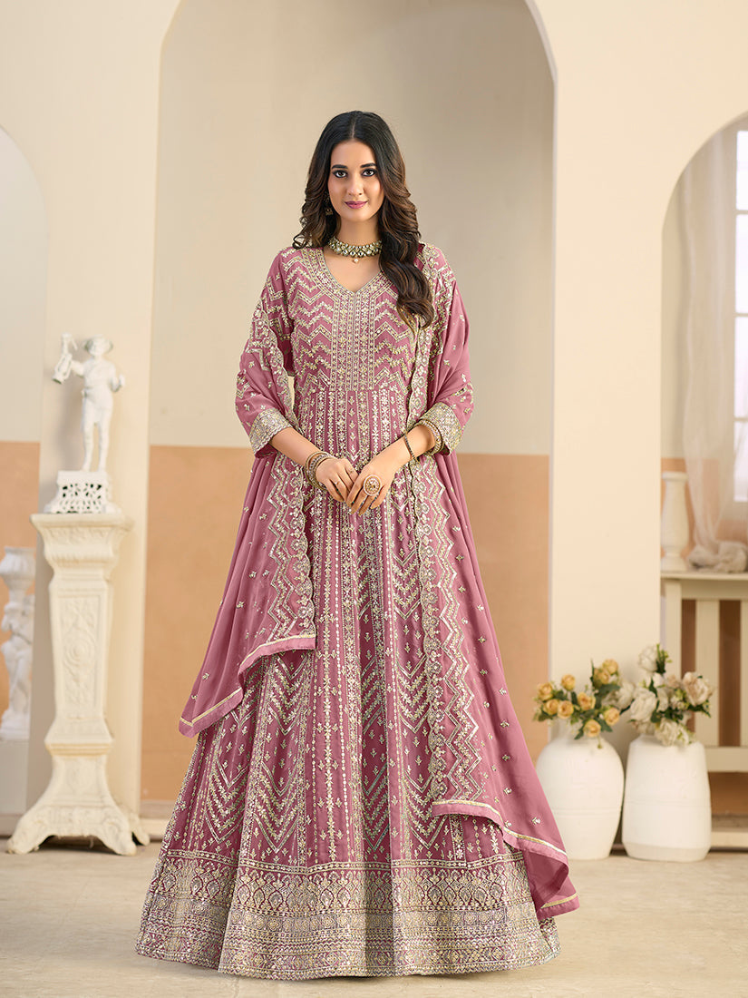 Monjolika Fashion Faux Georgette Pink Embroidered Anarkali Salwar Kameez - Distacart