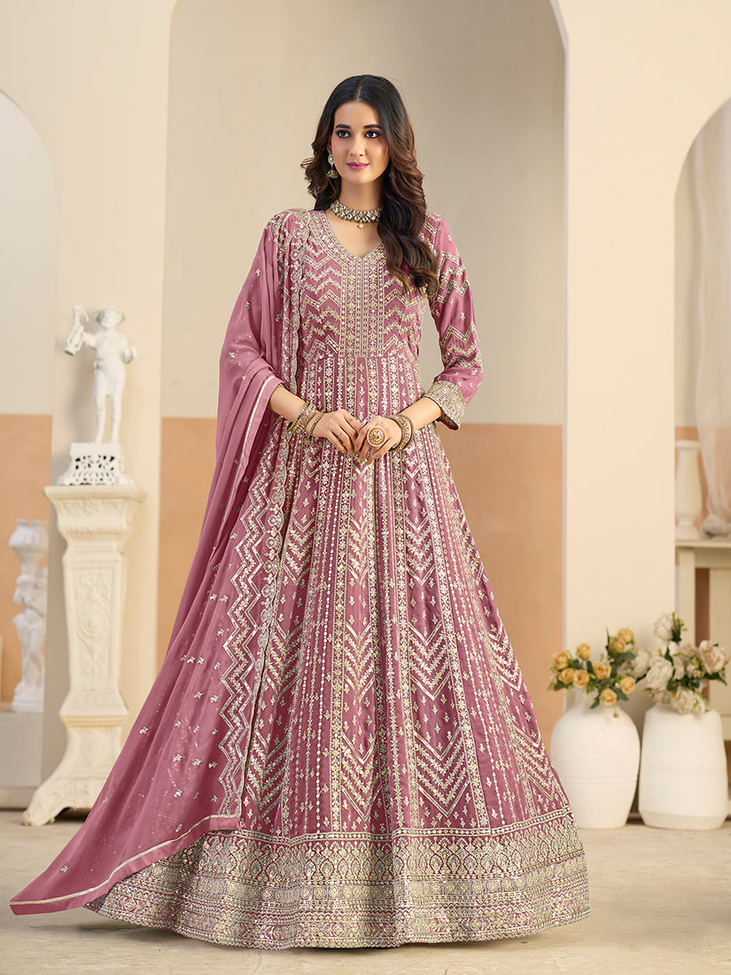 Monjolika Fashion Faux Georgette Pink Embroidered Anarkali Salwar Kameez - Distacart