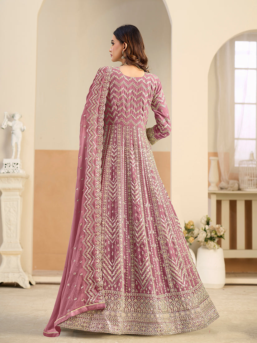 Monjolika Fashion Faux Georgette Pink Embroidered Anarkali Salwar Kameez - Distacart