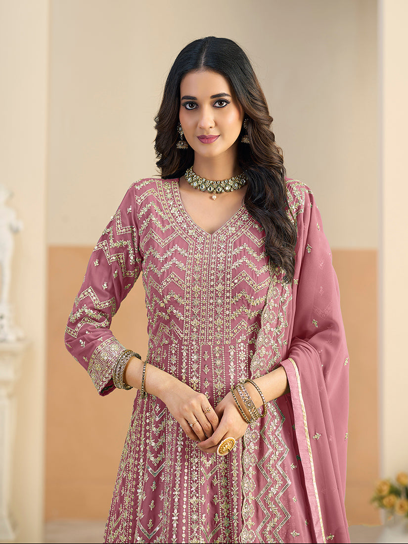 Monjolika Fashion Faux Georgette Pink Embroidered Anarkali Salwar Kameez - Distacart