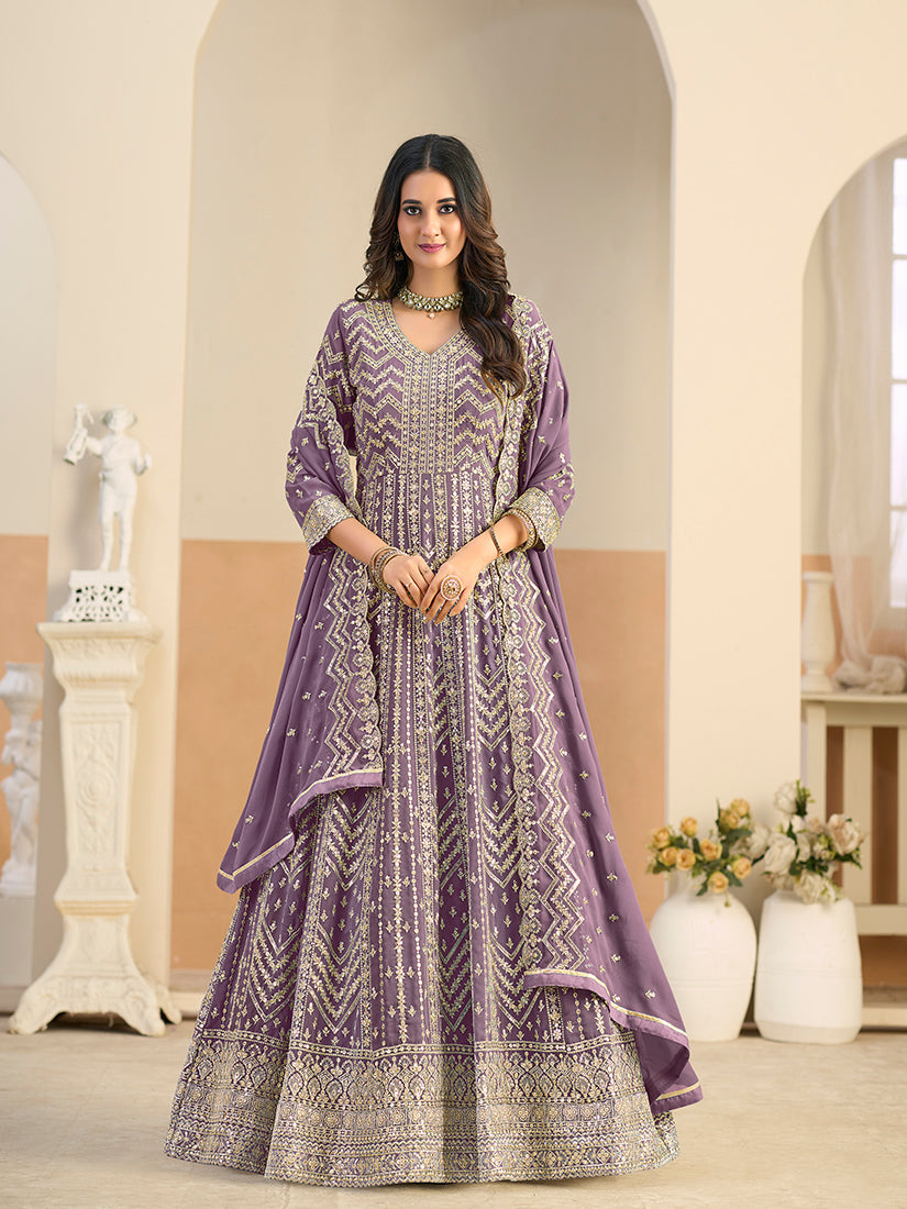Monjolika Fashion Faux Georgette Lavender Embroidered Anarkali Salwar Kameez - Distacart