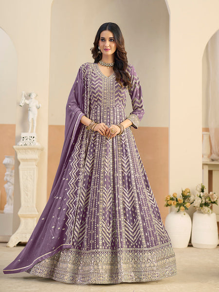 Monjolika Fashion Faux Georgette Lavender Embroidered Anarkali Salwar Kameez