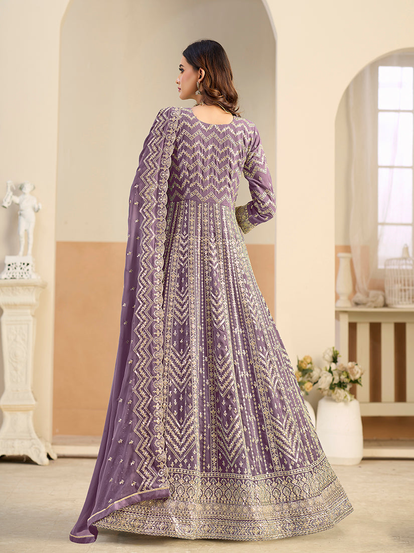 Monjolika Fashion Faux Georgette Lavender Embroidered Anarkali Salwar Kameez - Distacart
