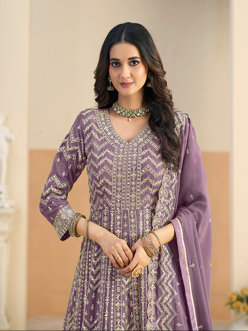 Monjolika Fashion Faux Georgette Lavender Embroidered Anarkali Salwar Kameez - Distacart