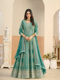 Monjolika Fashion Faux Georgette Turquoise Embroidered Anarkali Salwar Kameez - Distacart