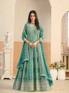 Monjolika Fashion Faux Georgette Turquoise Embroidered Anarkali Salwar Kameez - Distacart