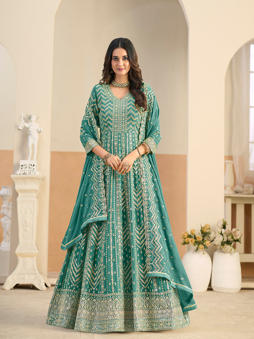 Monjolika Fashion Faux Georgette Turquoise Embroidered Anarkali Salwar Kameez - Distacart