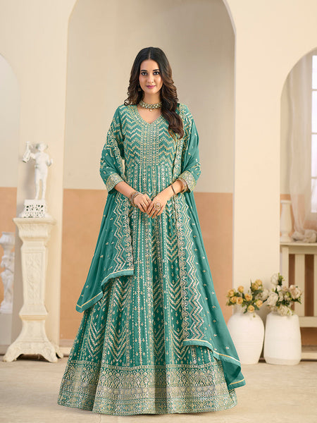 Monjolika Fashion Faux Georgette Turquoise Embroidered Anarkali Salwar Kameez