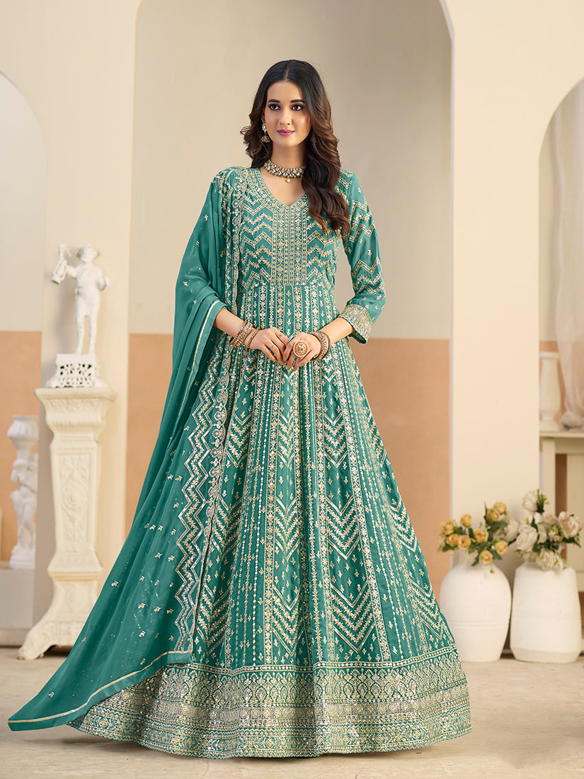Monjolika Fashion Faux Georgette Turquoise Embroidered Anarkali Salwar Kameez - Distacart