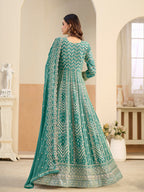 Monjolika Fashion Faux Georgette Turquoise Embroidered Anarkali Salwar Kameez - Distacart