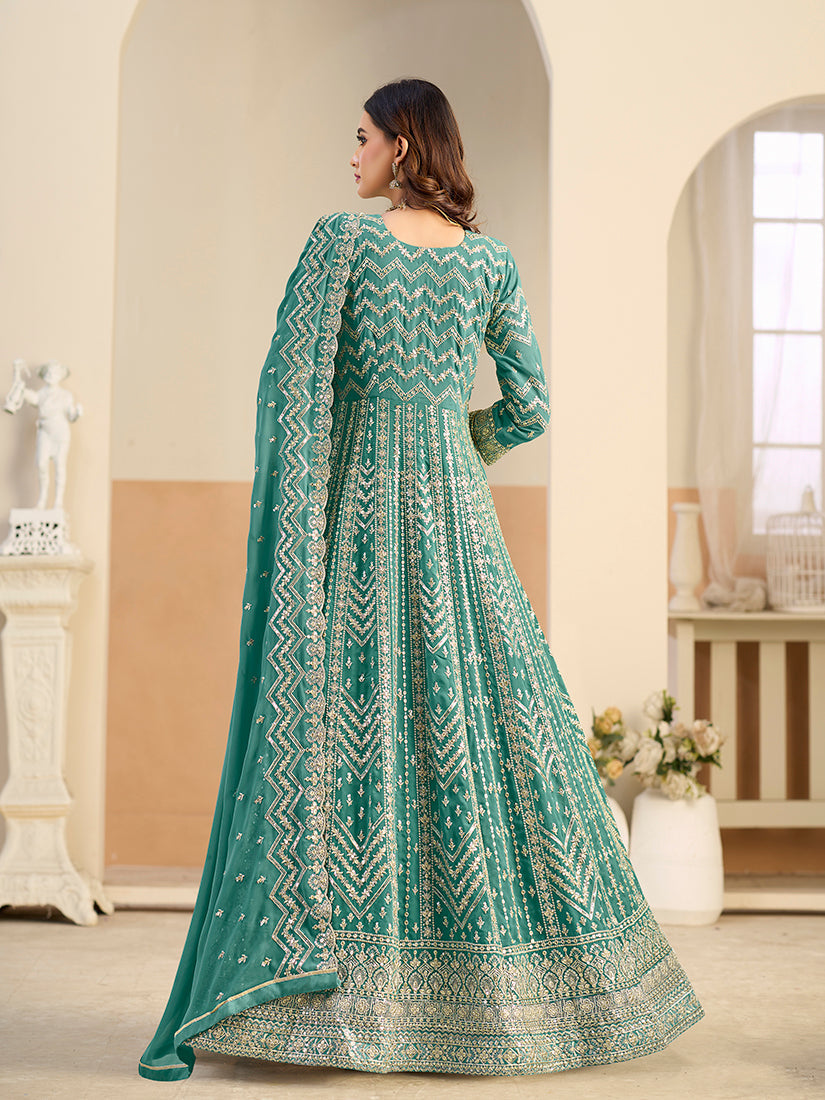Monjolika Fashion Faux Georgette Turquoise Embroidered Anarkali Salwar Kameez - Distacart