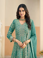 Monjolika Fashion Faux Georgette Turquoise Embroidered Anarkali Salwar Kameez - Distacart