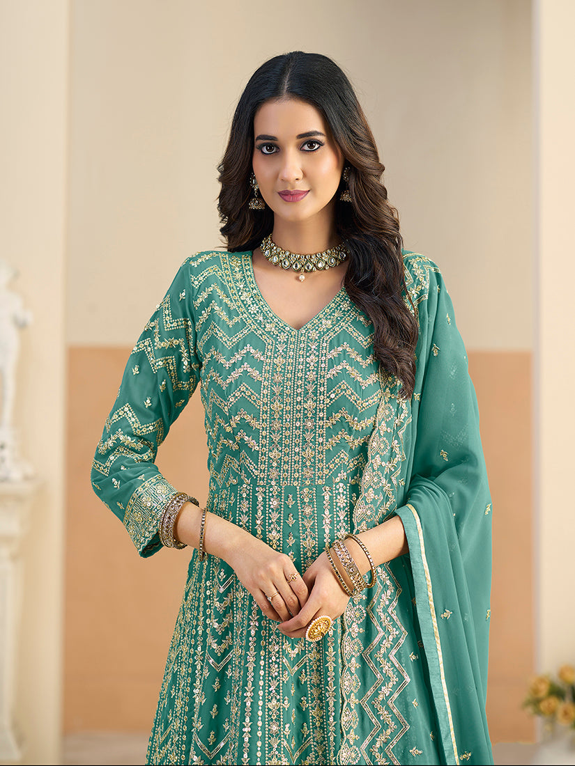 Monjolika Fashion Faux Georgette Turquoise Embroidered Anarkali Salwar Kameez - Distacart