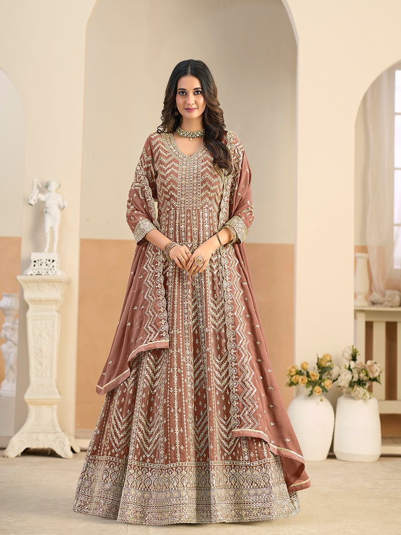 Monjolika Fashion Faux Georgette Brown Embroidered Anarkali Salwar Kameez - Distacart