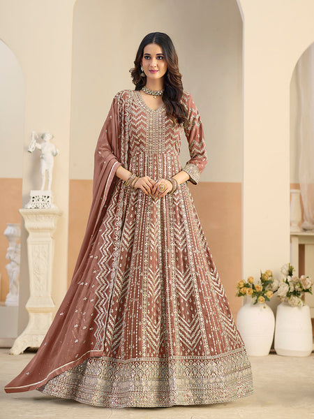 Monjolika Fashion Faux Georgette Brown Embroidered Anarkali Salwar Kameez