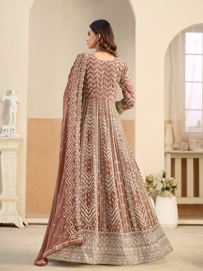 Monjolika Fashion Faux Georgette Brown Embroidered Anarkali Salwar Kameez - Distacart