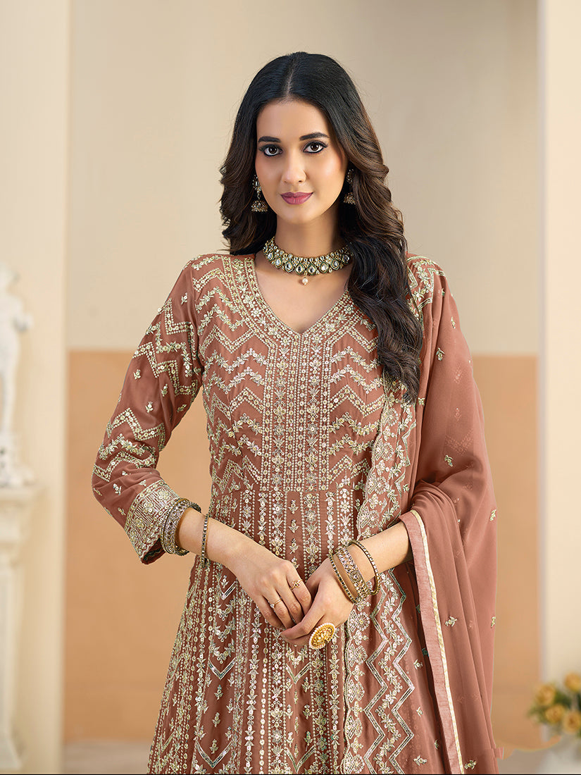 Monjolika Fashion Faux Georgette Brown Embroidered Anarkali Salwar Kameez - Distacart