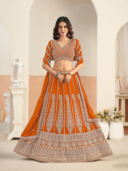 Monjolika Fashion Orange Faux Georgette Embroidered Lehenga Choli