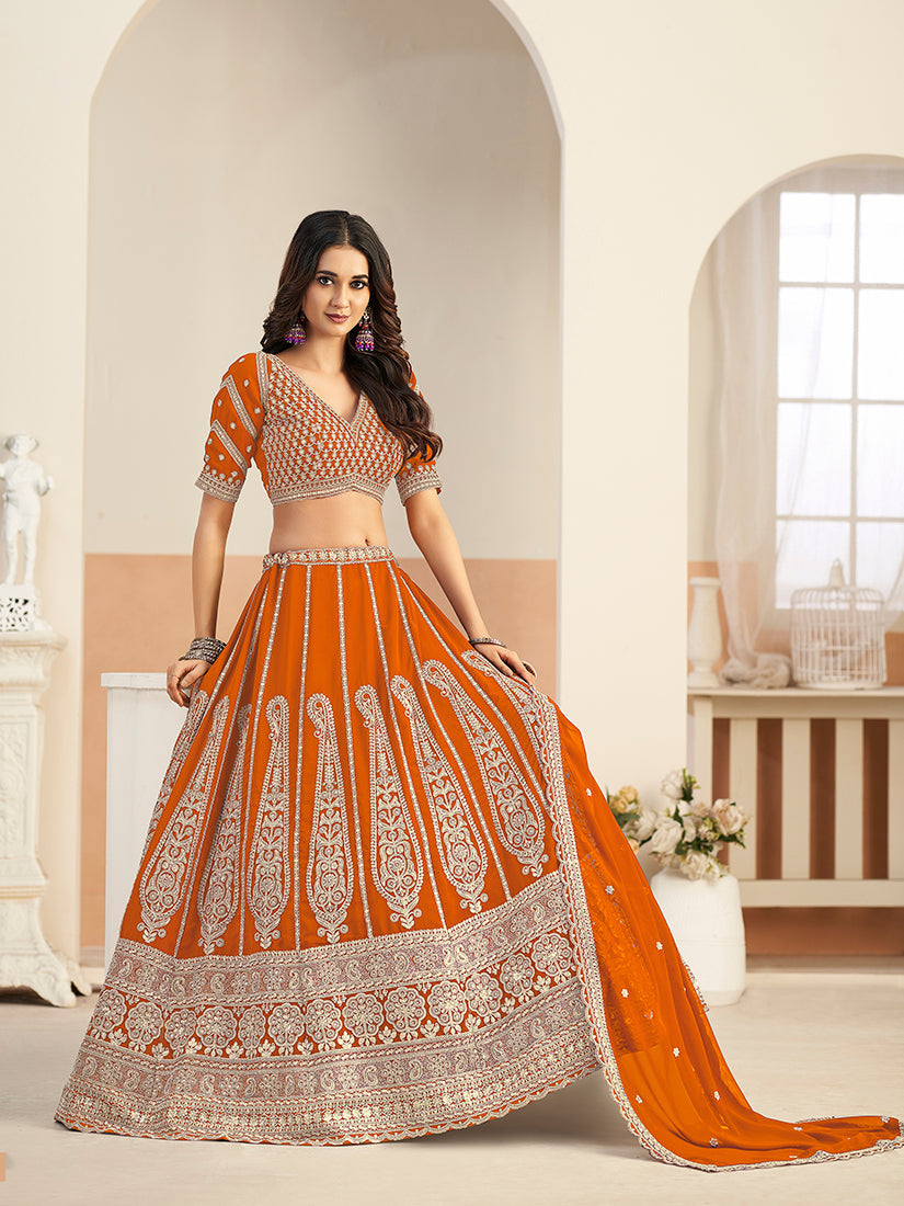 Monjolika Fashion Orange Faux Georgette Embroidered Lehenga Choli - Distacart