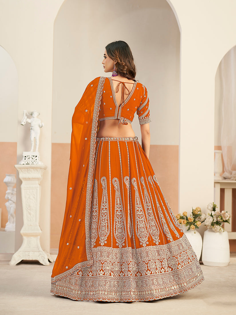 Monjolika Fashion Orange Faux Georgette Embroidered Lehenga Choli - Distacart