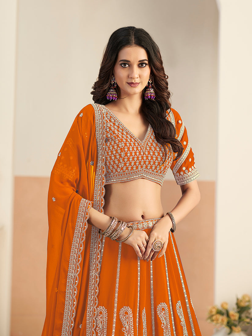 Monjolika Fashion Orange Faux Georgette Embroidered Lehenga Choli - Distacart