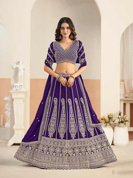 Monjolika Fashion Purple Faux Georgette Embroidered Lehenga Choli