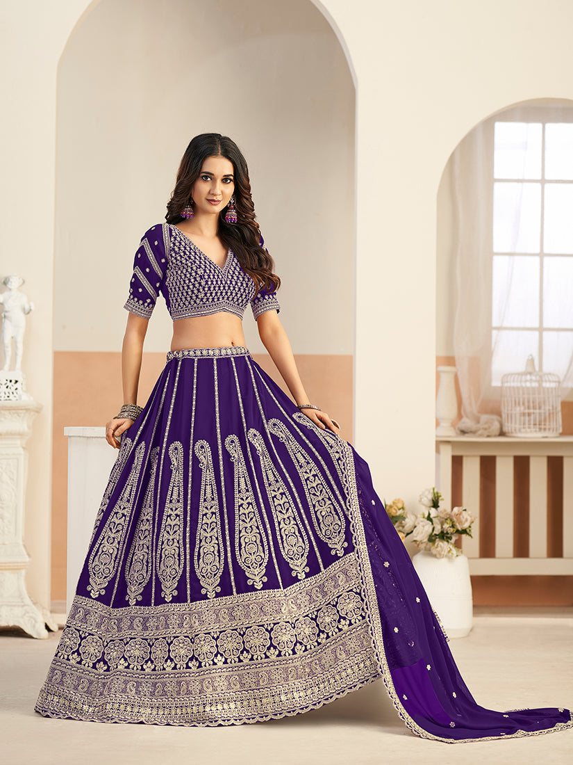 Monjolika Fashion Purple Faux Georgette Embroidered Lehenga Choli - Distacart