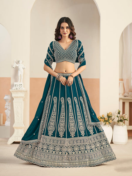 Monjolika Fashion Teal Blue Faux Georgette Embroidered Lehenga Choli