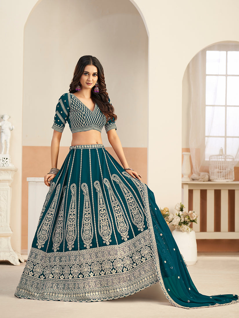 Monjolika Fashion Teal Blue Faux Georgette Embroidered Lehenga Choli - Distacart