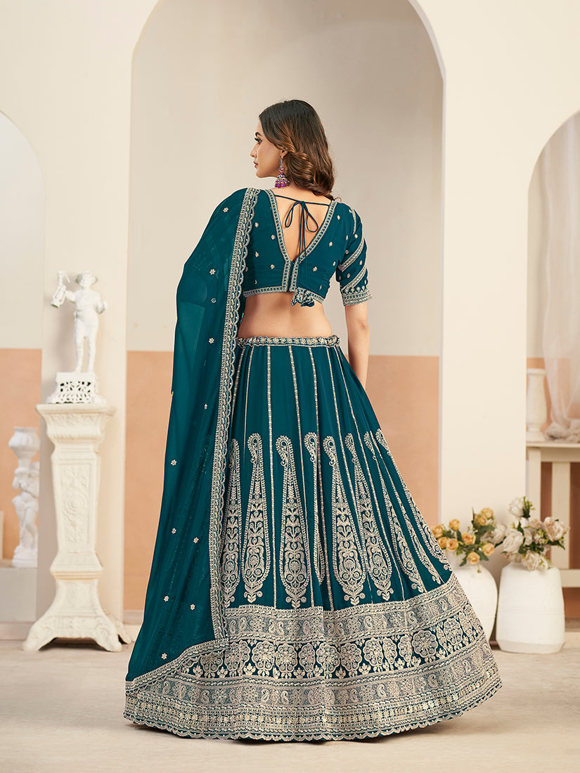 Monjolika Fashion Teal Blue Faux Georgette Embroidered Lehenga Choli - Distacart