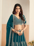 Monjolika Fashion Teal Blue Faux Georgette Embroidered Lehenga Choli - Distacart