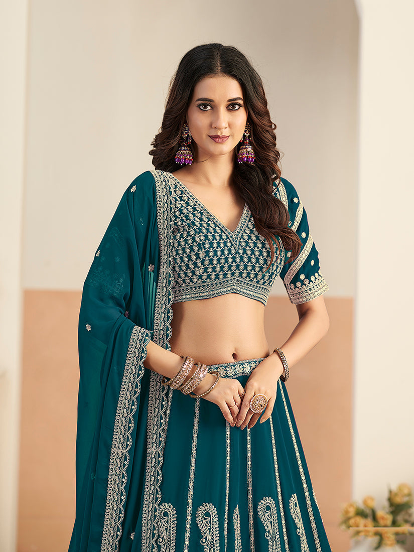 Monjolika Fashion Teal Blue Faux Georgette Embroidered Lehenga Choli - Distacart