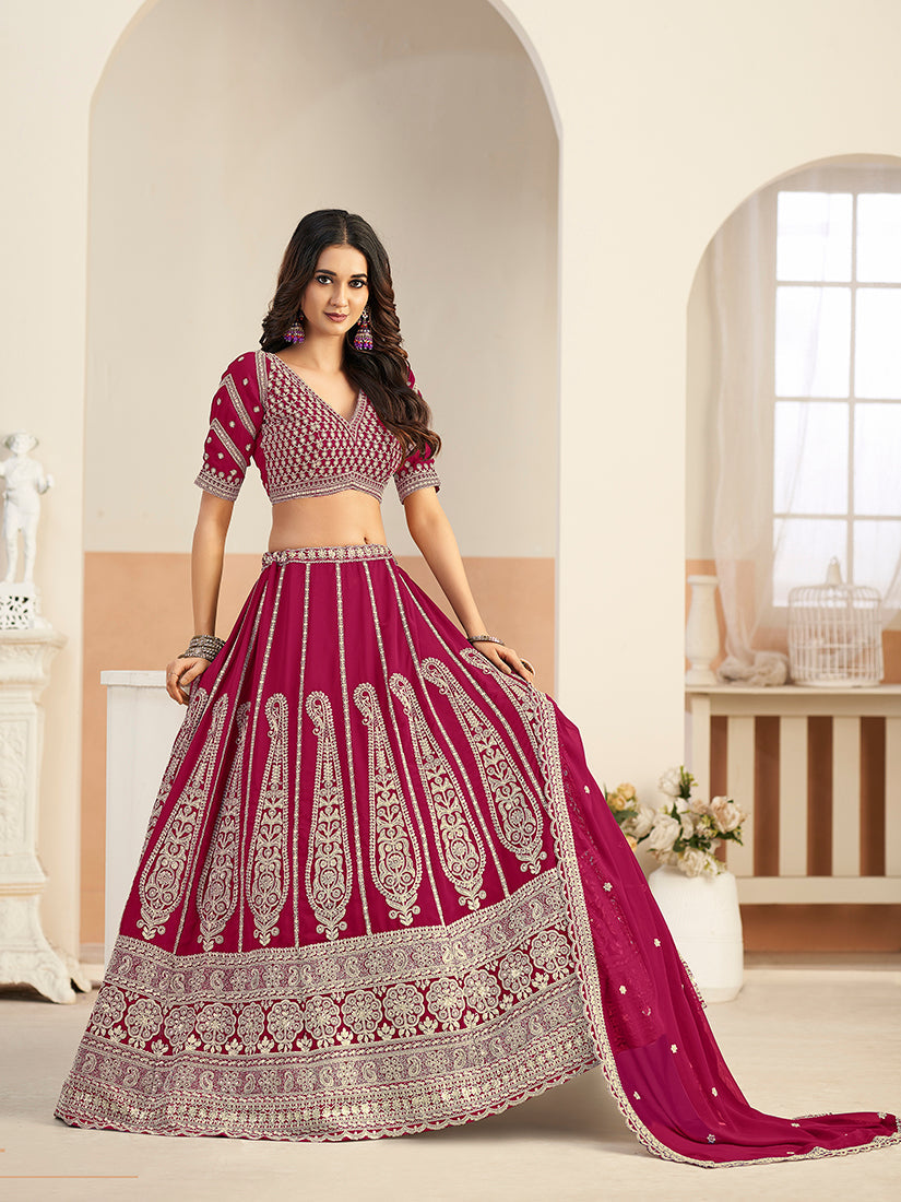 Monjolika Fashion Rani Pink Faux Georgette Embroidered Lehenga Choli - Distacart