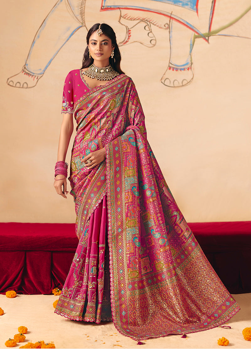 Monjolika Fashion Rani Pink Embroidered Silk Blend Saree - Distacart
