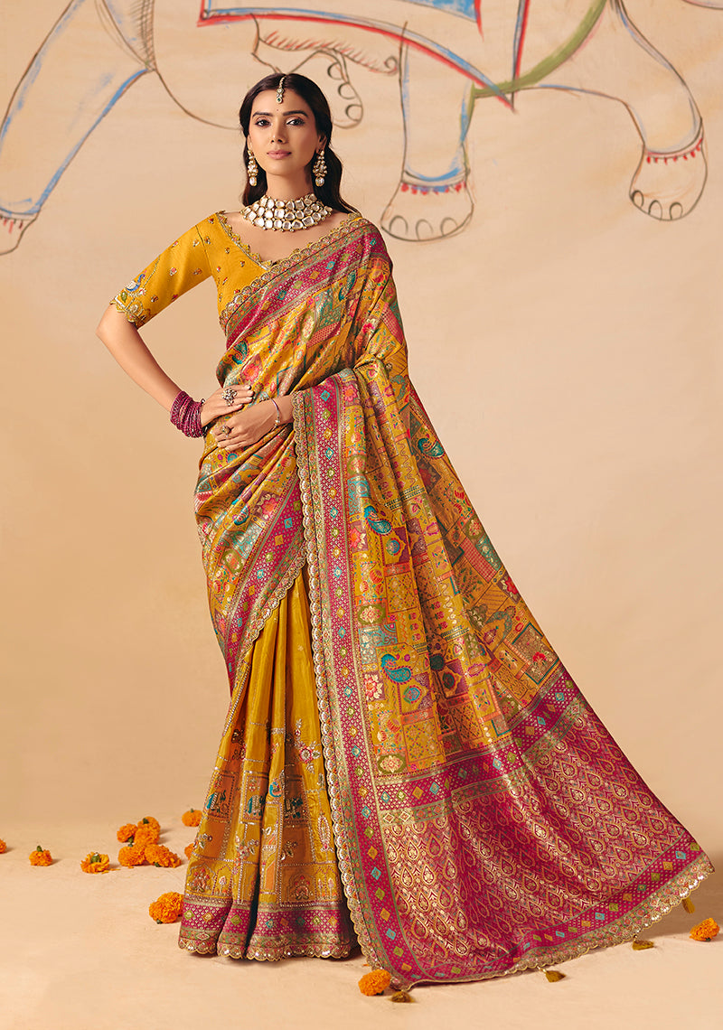 Monjolika Fashion Mustard Embroidered Silk Blend Saree - Distacart