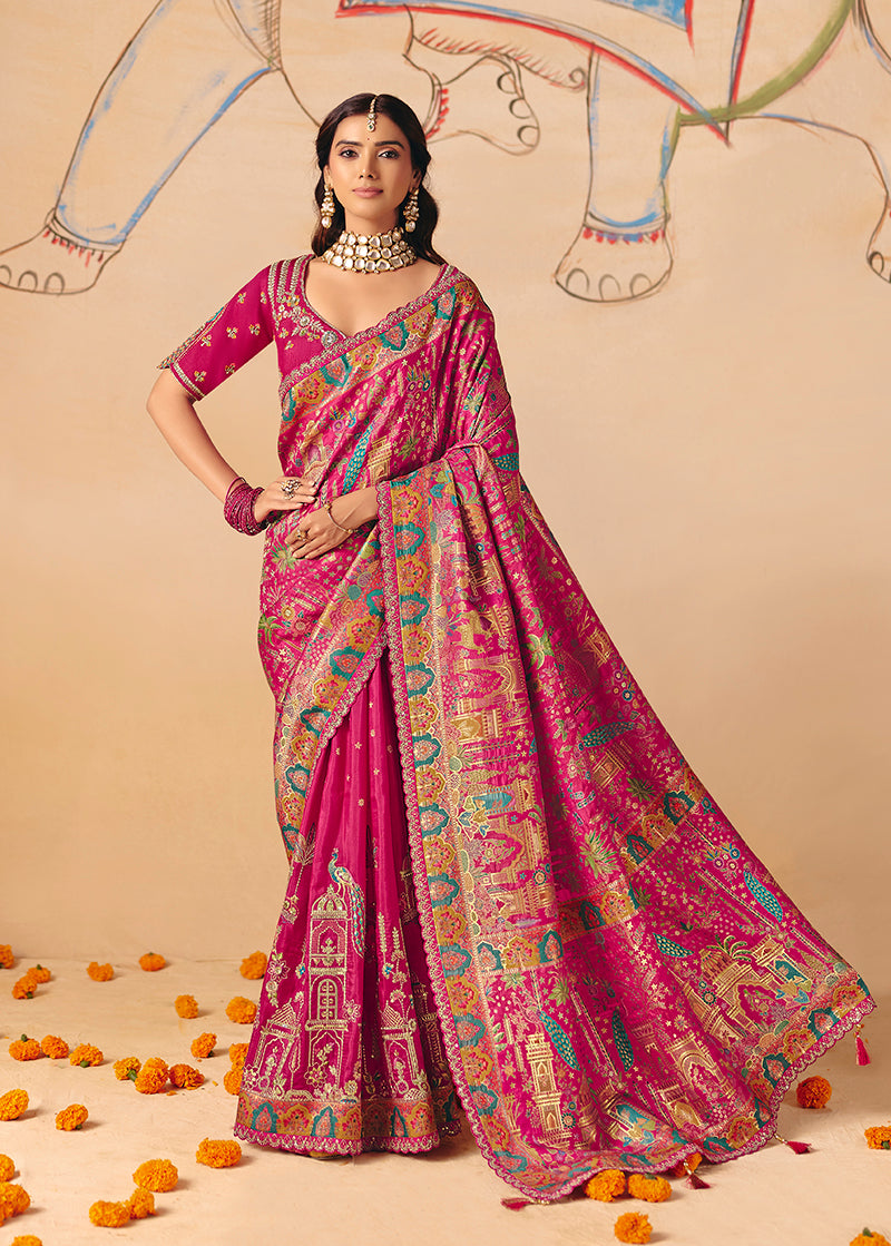 Monjolika Fashion Rani Pink Embroidered Silk Blend Saree - Distacart