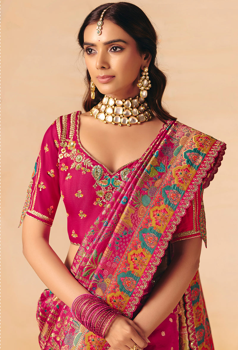 Monjolika Fashion Rani Pink Embroidered Silk Blend Saree - Distacart