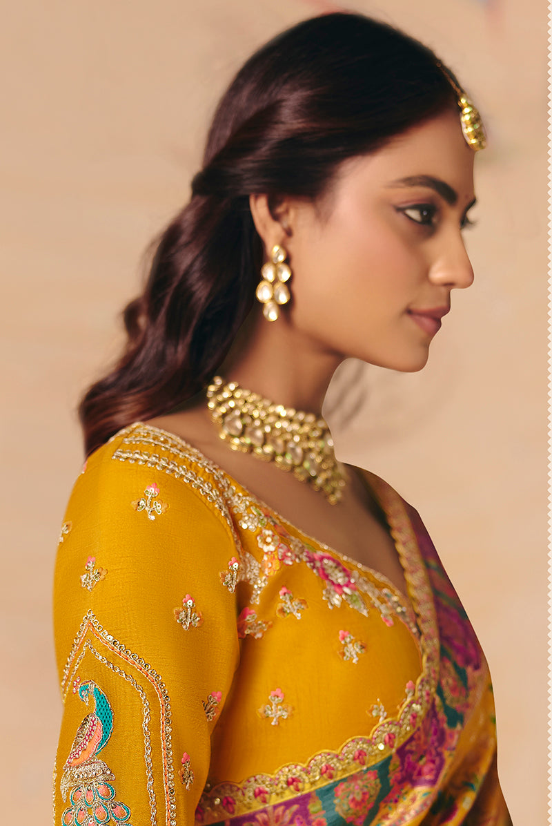 Monjolika Fashion Mustard Embroidered Silk Blend Saree - Distacart
