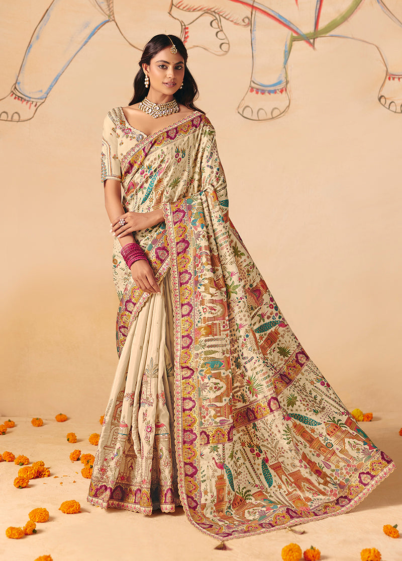 Monjolika Fashion Cream Embroidered Silk Blend Saree - Distacart