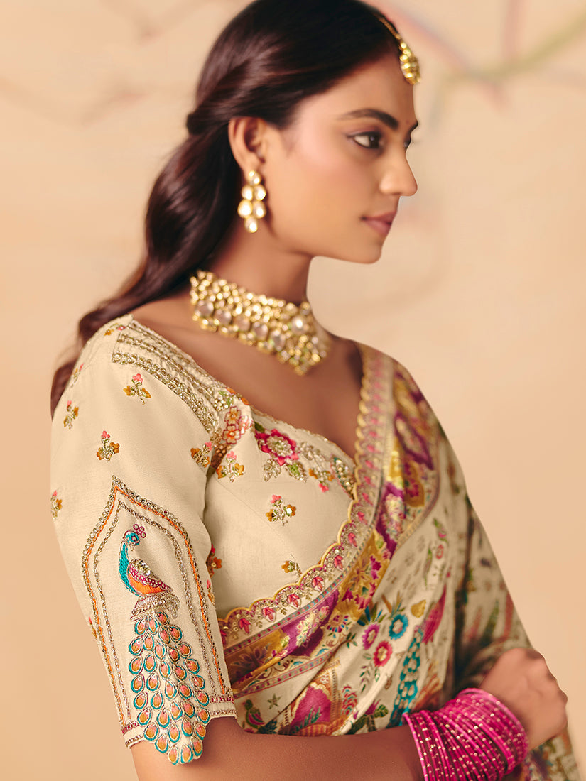 Monjolika Fashion Cream Embroidered Silk Blend Saree - Distacart