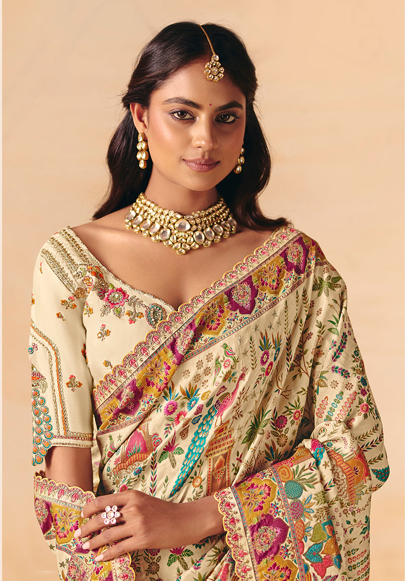 Monjolika Fashion Cream Embroidered Silk Blend Saree - Distacart
