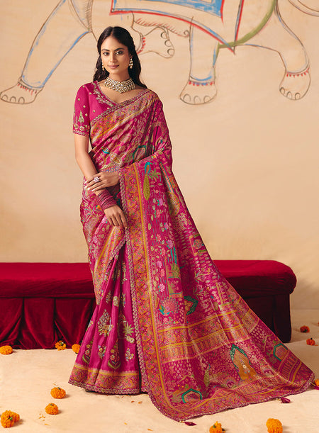 Monjolika Fashion Rani Pink Embroidered Silk Blend Saree