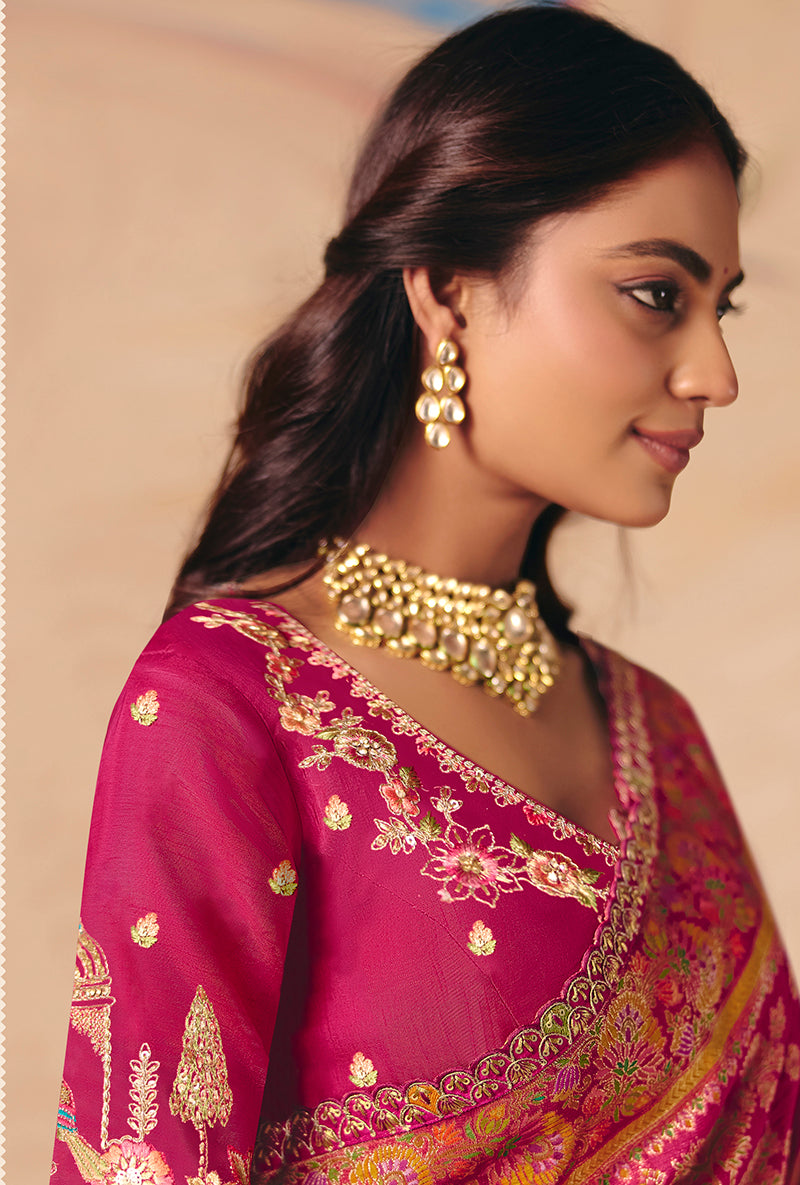 Monjolika Fashion Rani Pink Embroidered Silk Blend Saree - Distacart