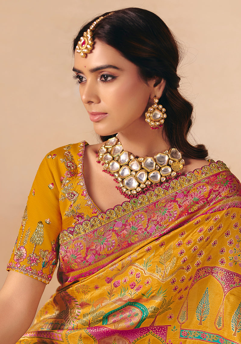 Monjolika Fashion Mustard Embroidered Silk Blend Saree - Distacart