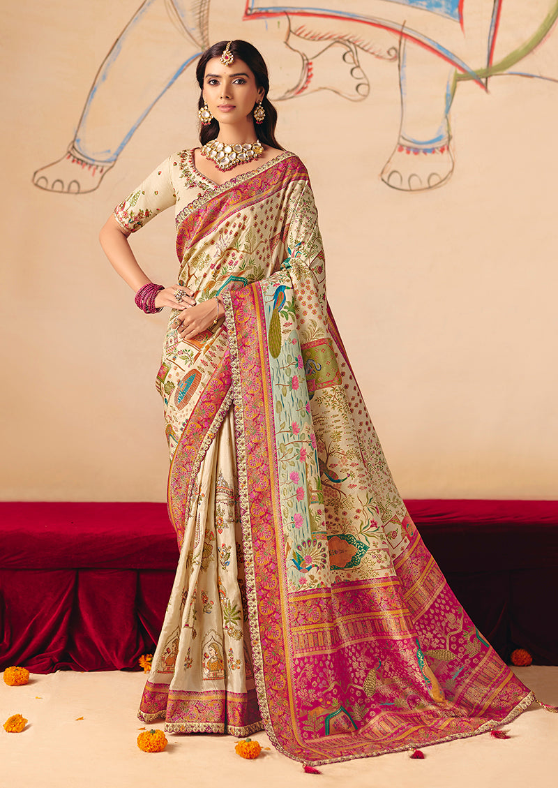 Monjolika Fashion Cream Embroidered Silk Blend Saree - Distacart