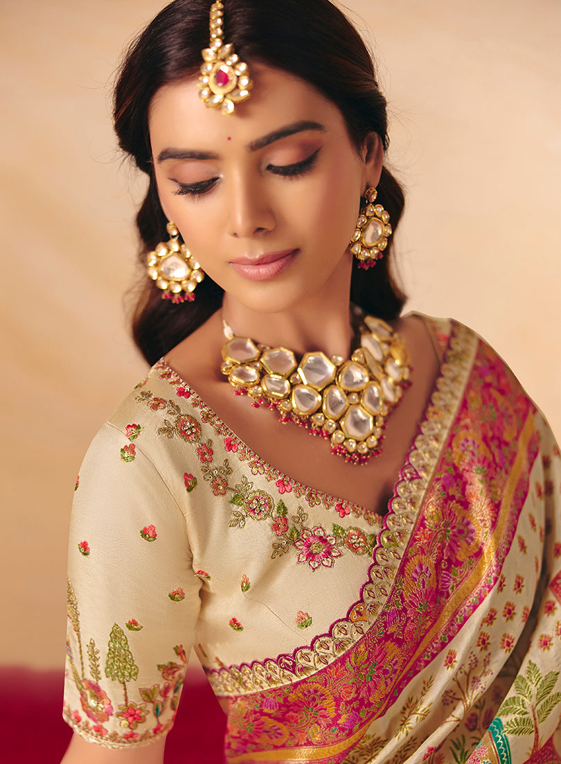 Monjolika Fashion Cream Embroidered Silk Blend Saree - Distacart